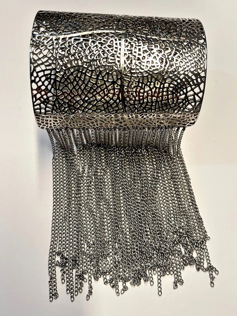 BCBGMAXAZRIA Silver Cuff Bracelet With Chain Fringe Detail